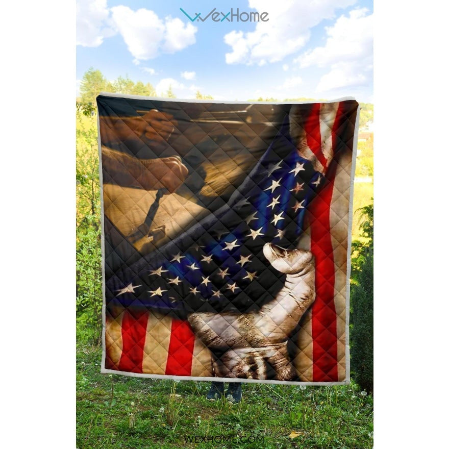 Carpenter Hand Pulling American Flag Quilt