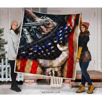 Mechanic Hand Pulling American Flag Quilt