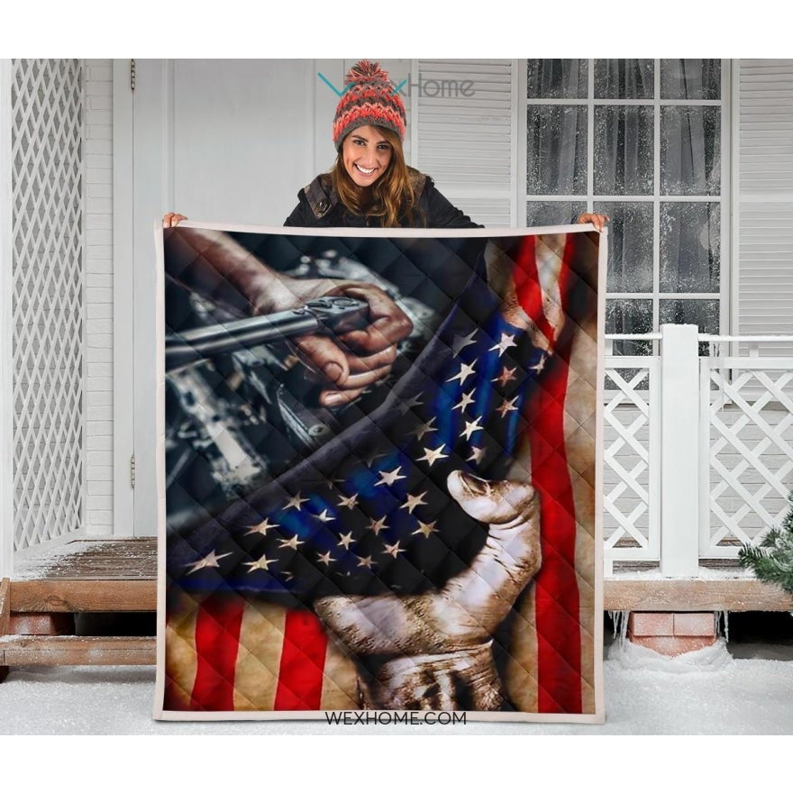 Mechanic Hand Pulling American Flag Quilt