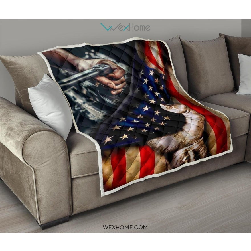 Mechanic Hand Pulling American Flag Quilt