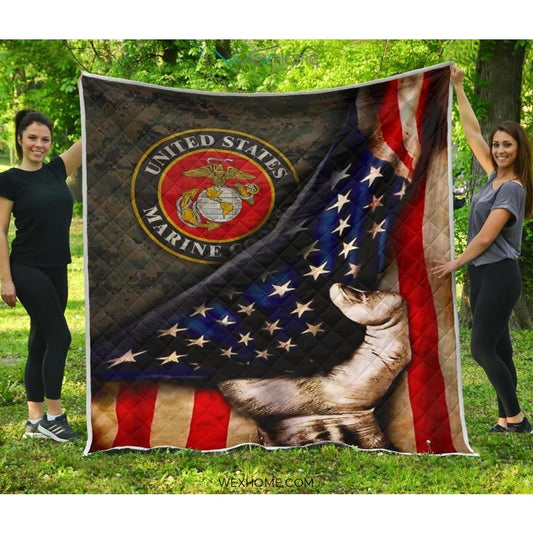 US Marine Hand Pulling American Flag Quilt