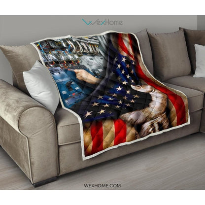 Electrician Hand Pulling American Flag Quilt