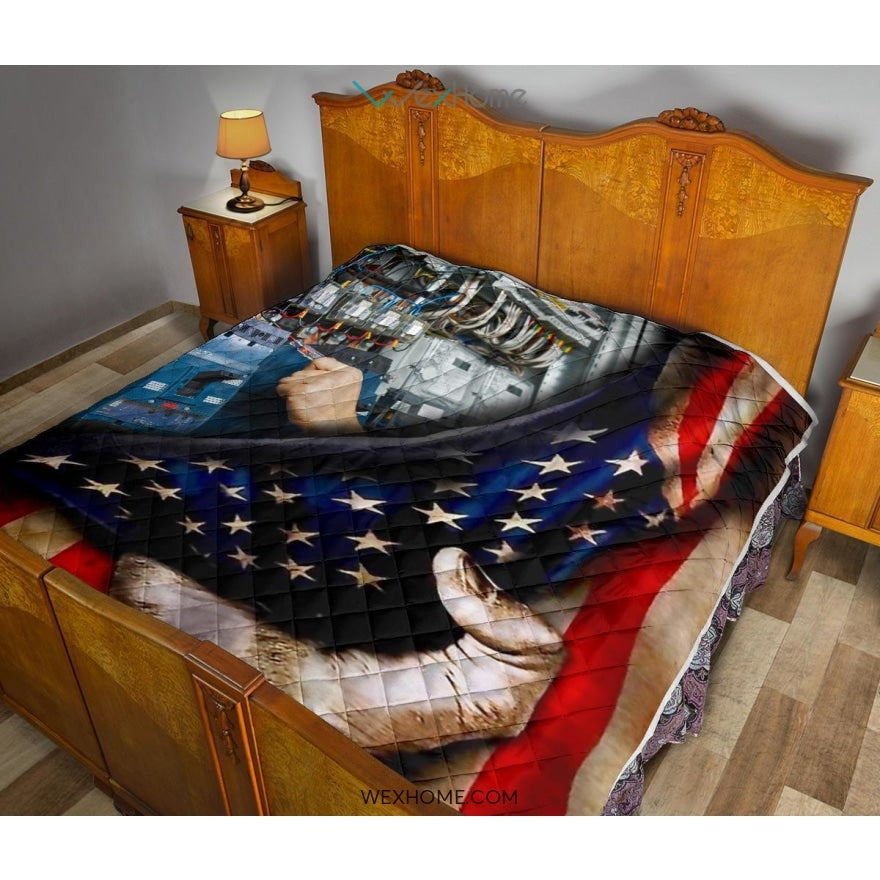 Electrician Hand Pulling American Flag Quilt