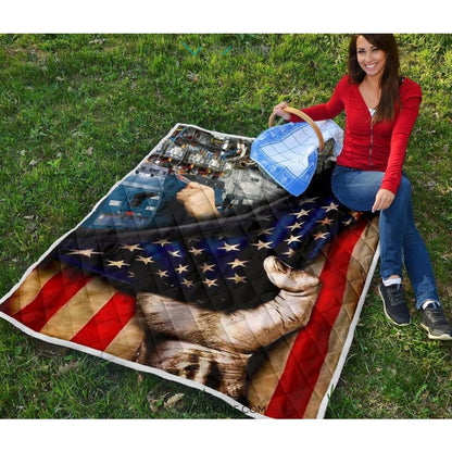 Electrician Hand Pulling American Flag Quilt