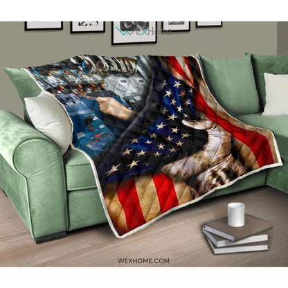 Electrician Hand Pulling American Flag Quilt