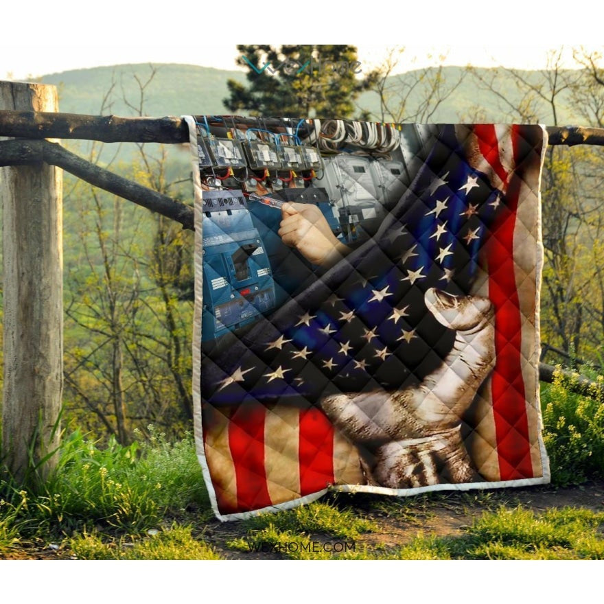 Electrician Hand Pulling American Flag Quilt