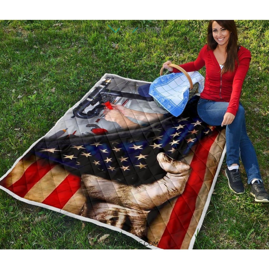 Plumber Hand Pulling American Flag Quilt