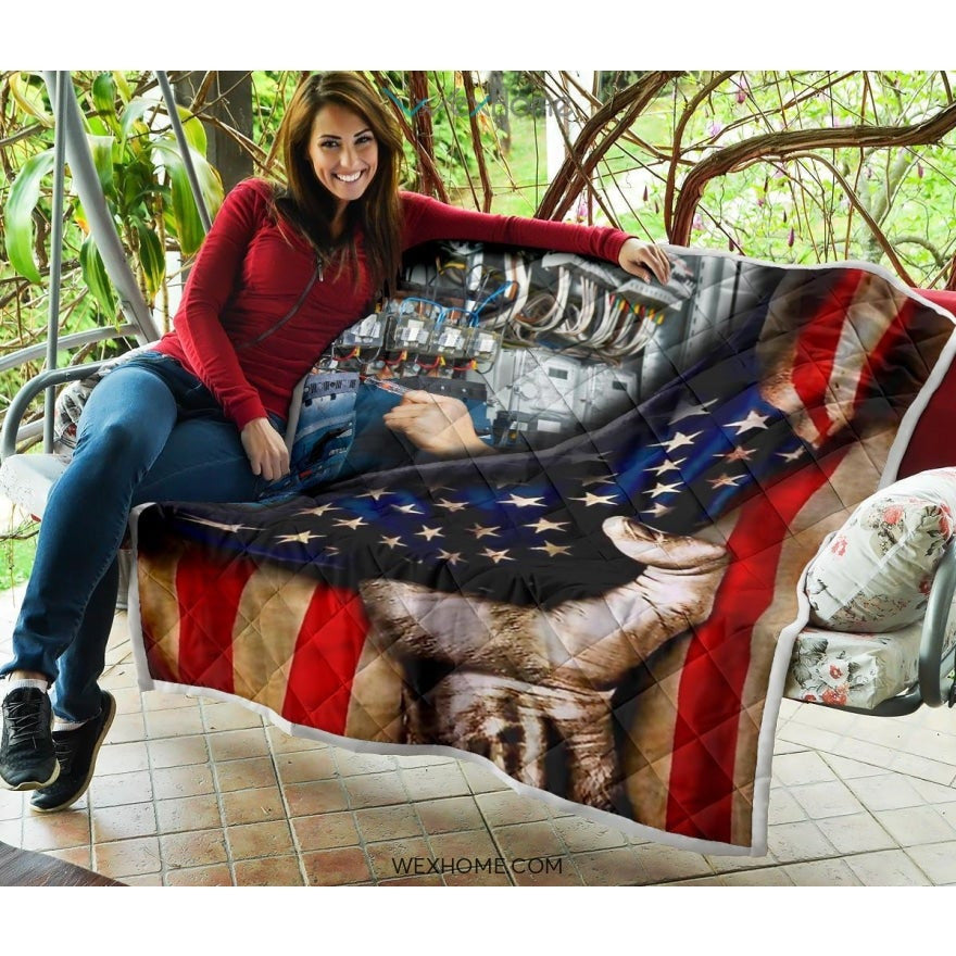Electrician Hand Pulling American Flag Quilt