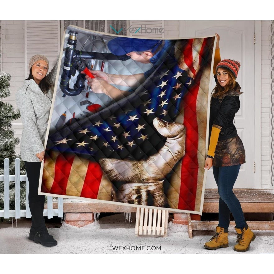 Plumber Hand Pulling American Flag Quilt