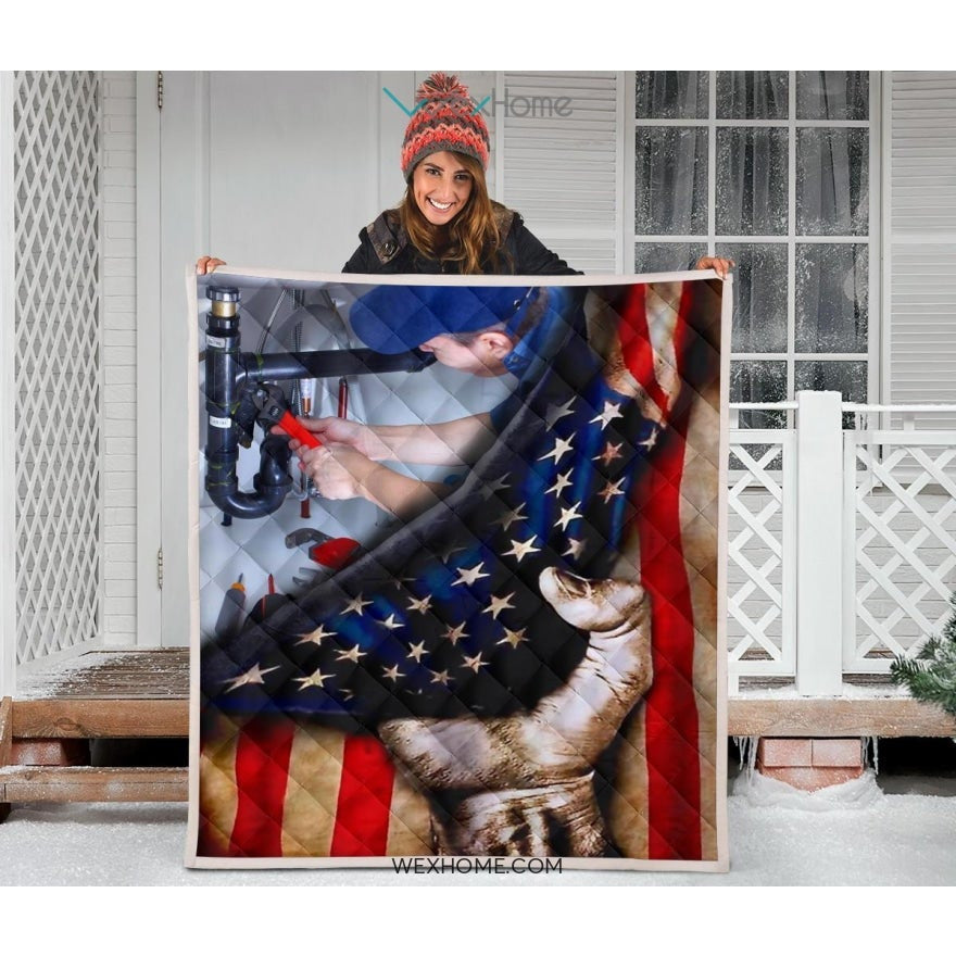 Plumber Hand Pulling American Flag Quilt