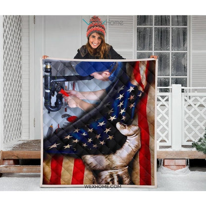 Plumber Hand Pulling American Flag Quilt