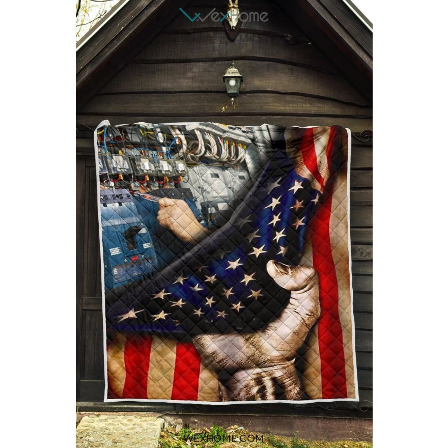 Electrician Hand Pulling American Flag Quilt