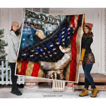 Electrician Hand Pulling American Flag Quilt
