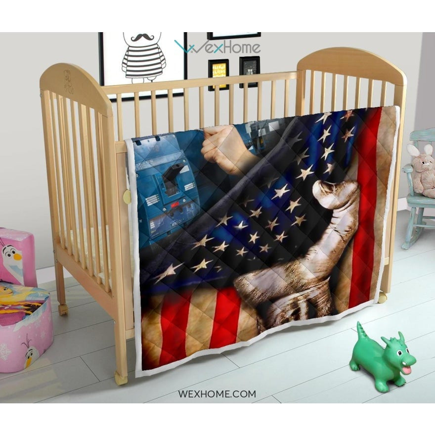 Electrician Hand Pulling American Flag Quilt