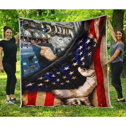 Electrician Hand Pulling American Flag Quilt