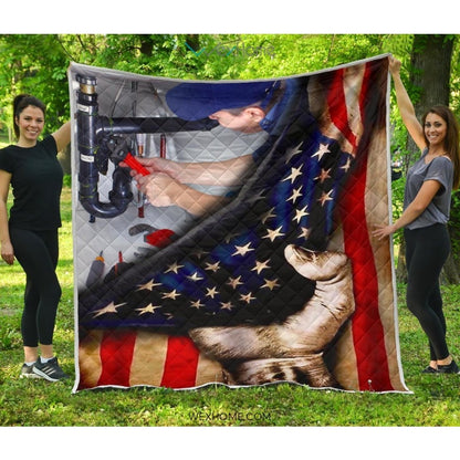 Plumber Hand Pulling American Flag Quilt