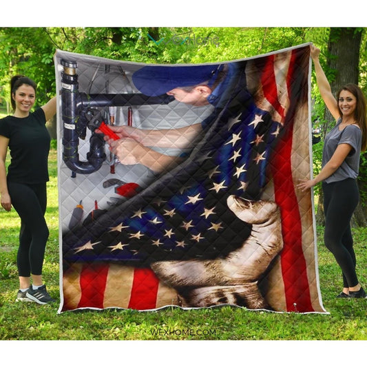 Plumber Hand Pulling American Flag Quilt