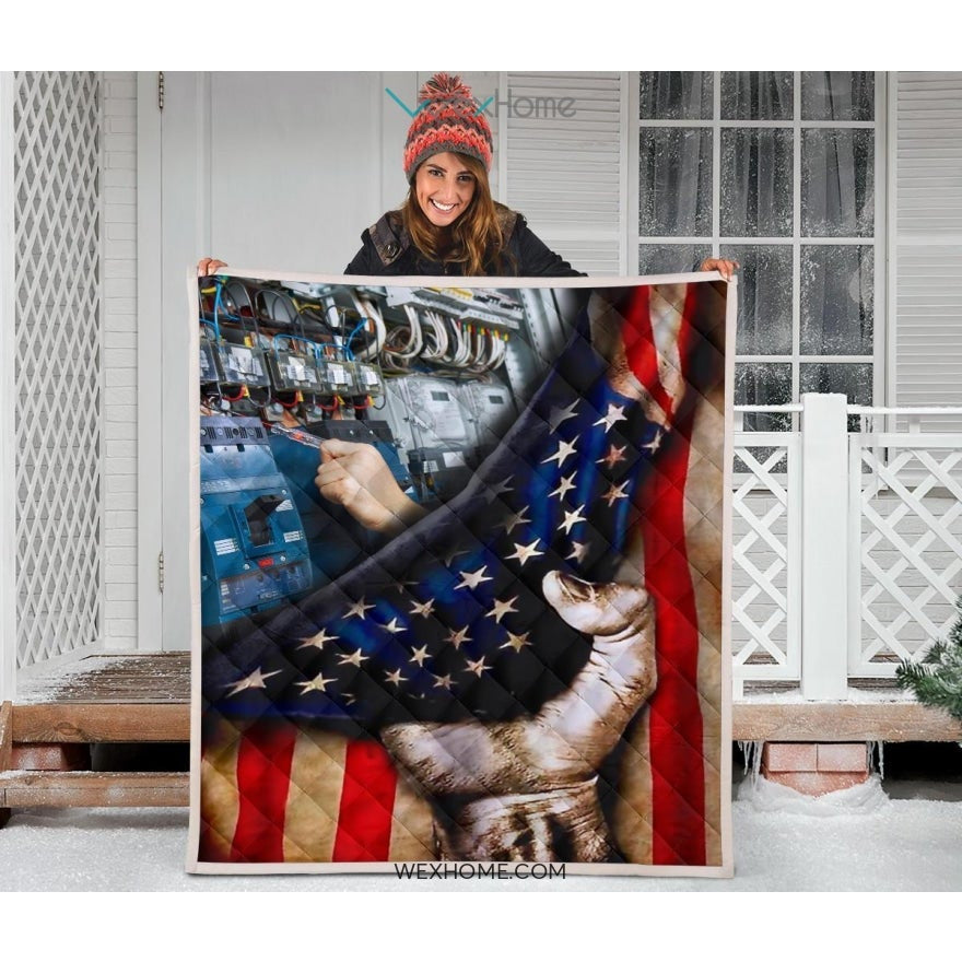 Electrician Hand Pulling American Flag Quilt