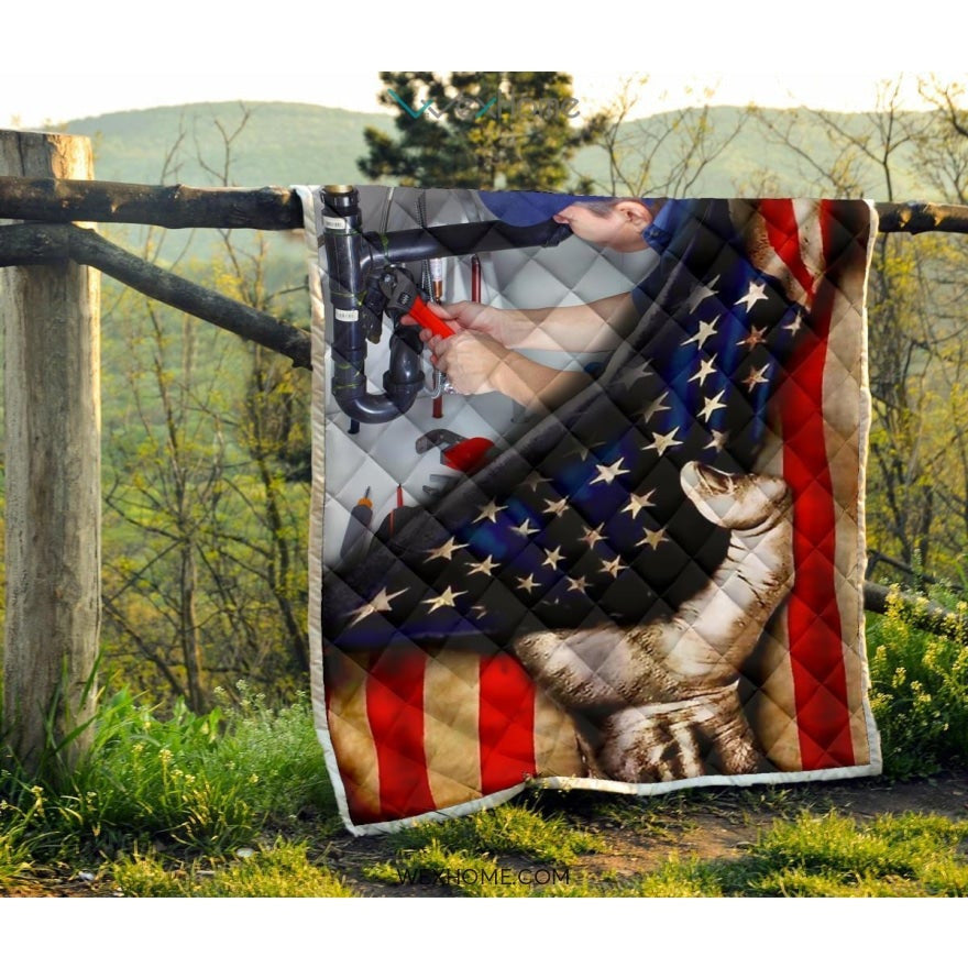 Plumber Hand Pulling American Flag Quilt