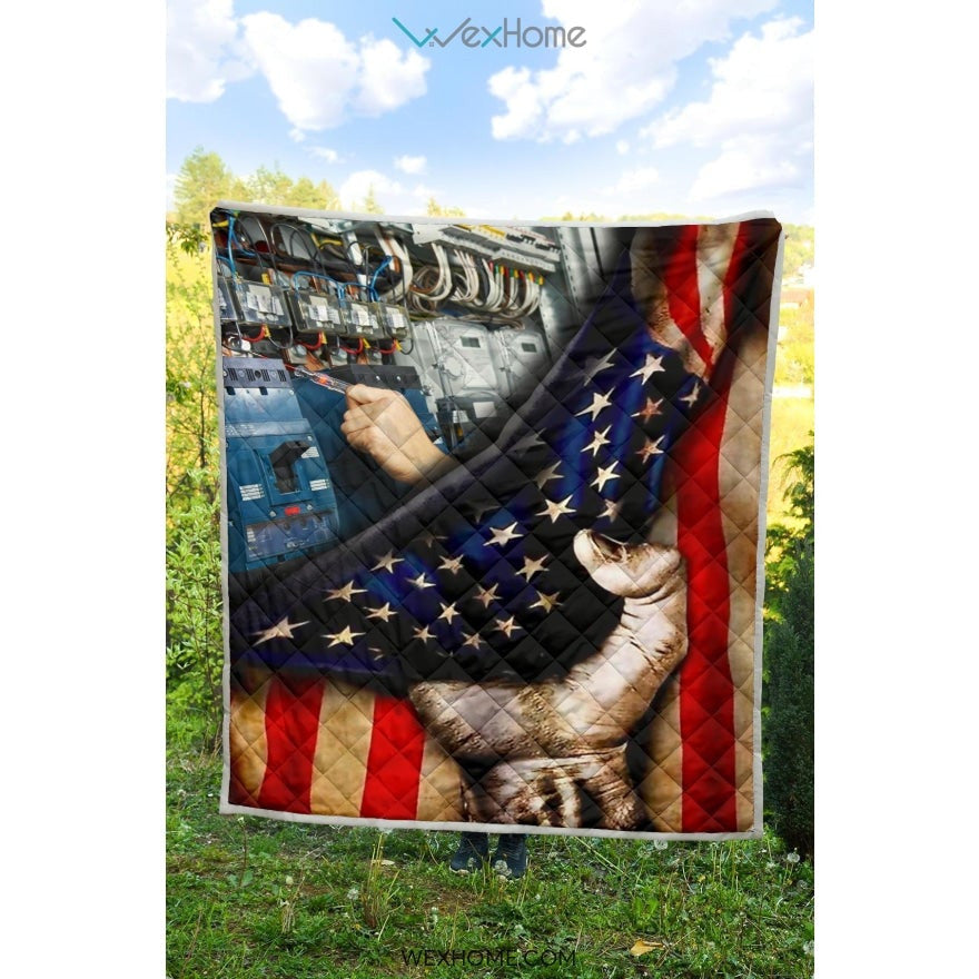 Electrician Hand Pulling American Flag Quilt