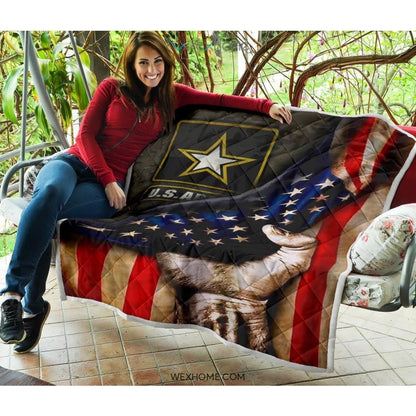 US Army Hand Pulling American Flag Quilt