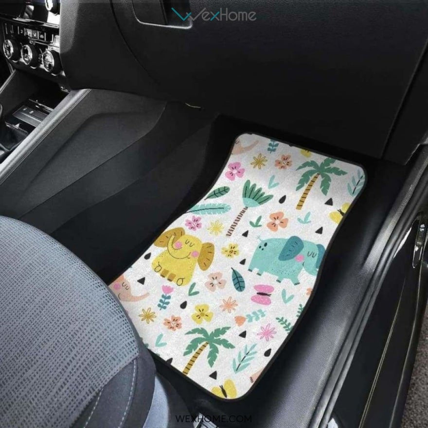 Cute Elephants Palm Tree Flower Butterfly Pattern Front And Back Car Mats