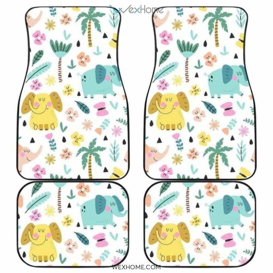 Cute Elephants Palm Tree Flower Butterfly Pattern Front And Back Car Mats