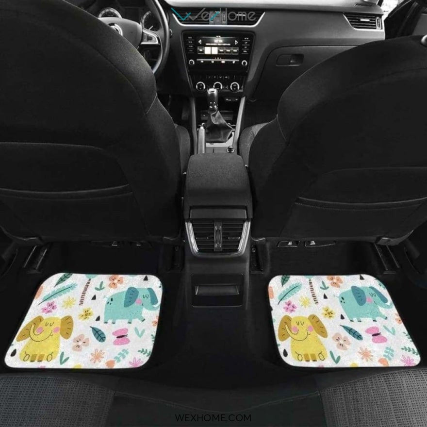 Cute Elephants Palm Tree Flower Butterfly Pattern Front And Back Car Mats