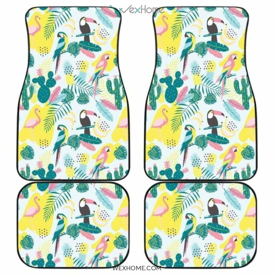 Cute Parrot Toucan Flamingo Cactus Exotic Leaves Pattern Front And Back Car Mats