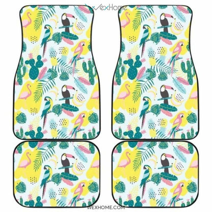 Cute Parrot Toucan Flamingo Cactus Exotic Leaves Pattern Front And Back Car Mats