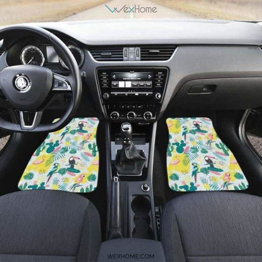 Cute Parrot Toucan Flamingo Cactus Exotic Leaves Pattern Front And Back Car Mats