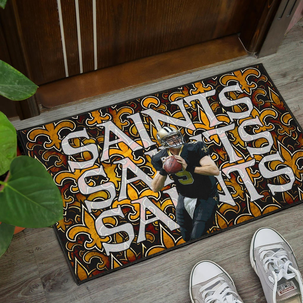 New Orleans Saints American Football Drew Brees 09 Saints Doodle Background Door Mat Home Decor