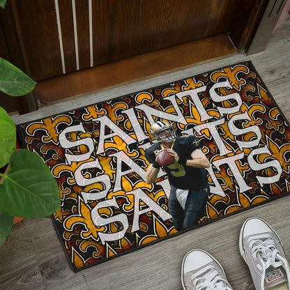 New Orleans Saints American Football Drew Brees 09 Saints Doodle Background Door Mat Home Decor