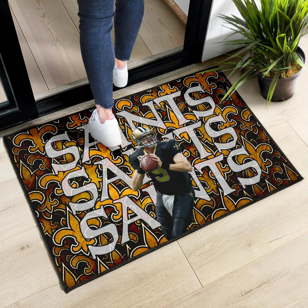 New Orleans Saints American Football Drew Brees 09 Saints Doodle Background Door Mat Home Decor