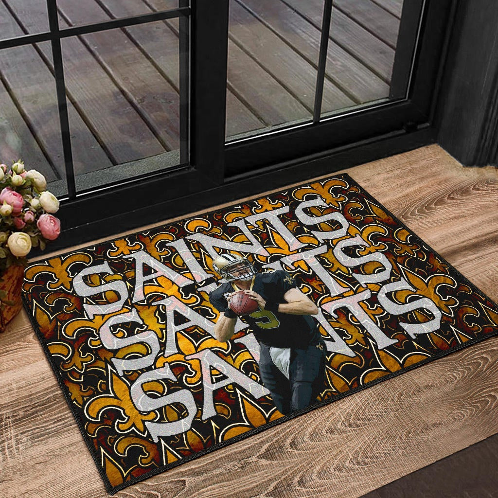 New Orleans Saints American Football Drew Brees 09 Saints Doodle Background Door Mat Home Decor