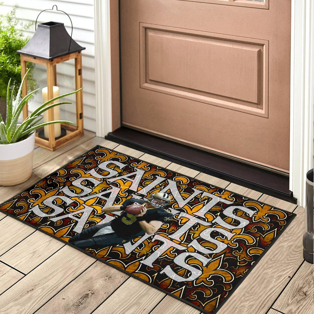 New Orleans Saints American Football Drew Brees 09 Saints Doodle Background Door Mat Home Decor