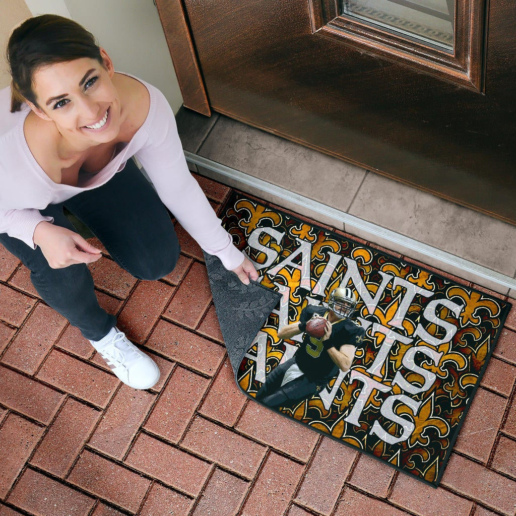 New Orleans Saints American Football Drew Brees 09 Saints Doodle Background Door Mat Home Decor