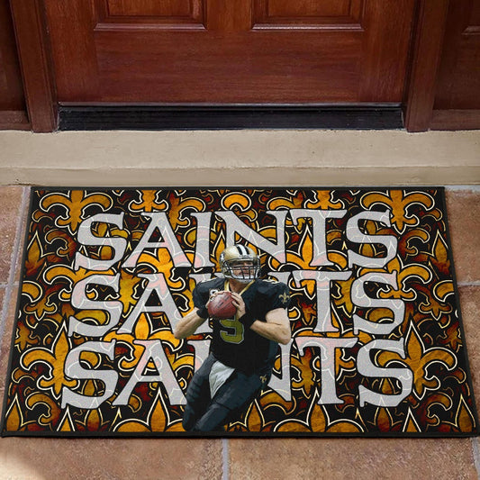 New Orleans Saints American Football Drew Brees 09 Saints Doodle Background Door Mat Home Decor