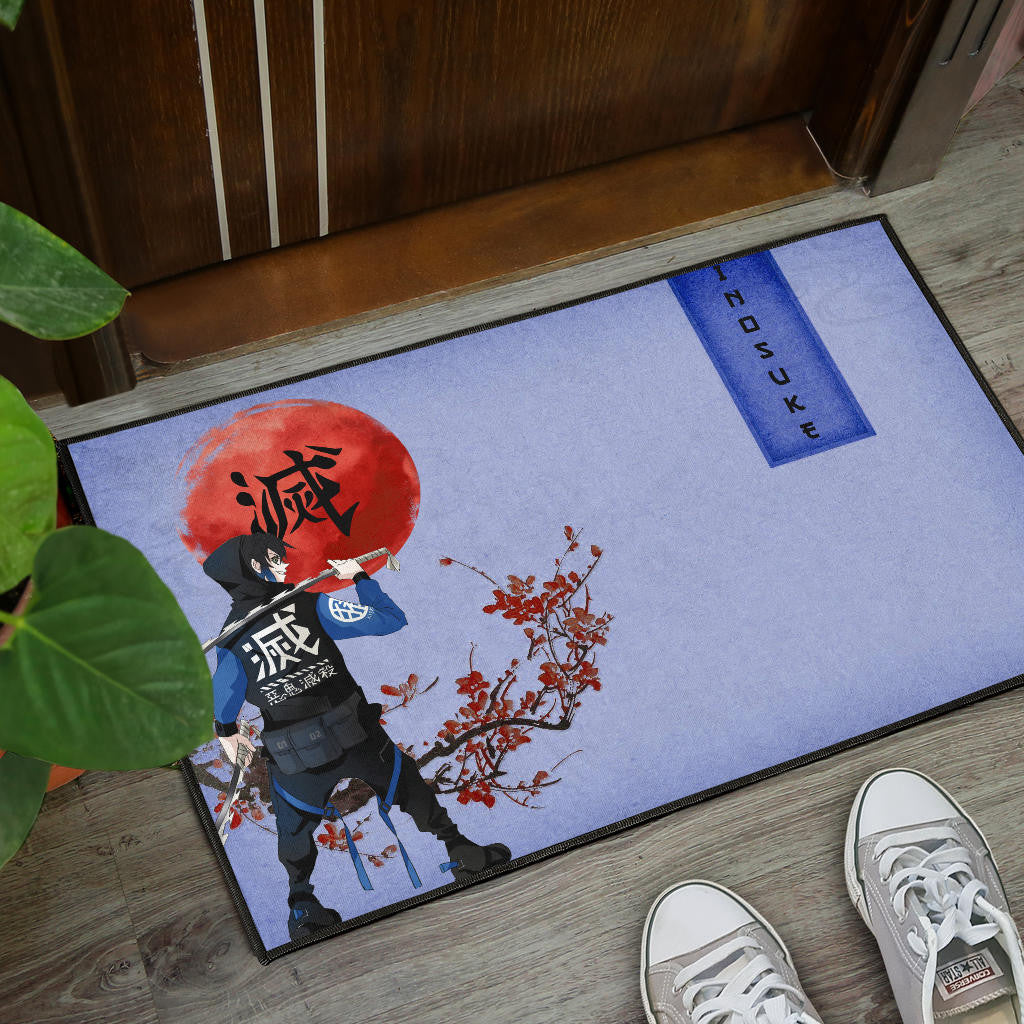 Demon Slayer Inosuke Took Off Mask Wearing Clothes Blue Theme Door Mat Home Decor