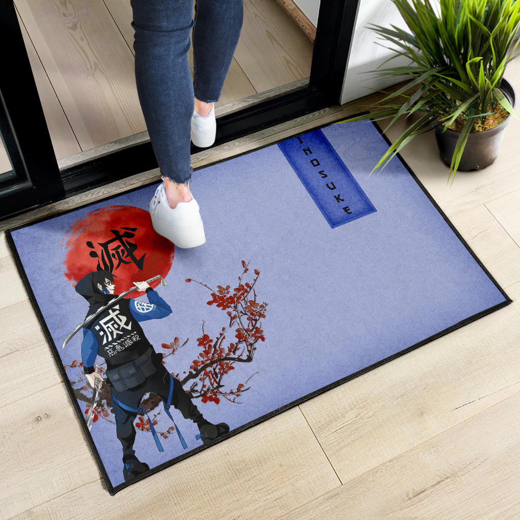 Demon Slayer Inosuke Took Off Mask Wearing Clothes Blue Theme Door Mat Home Decor