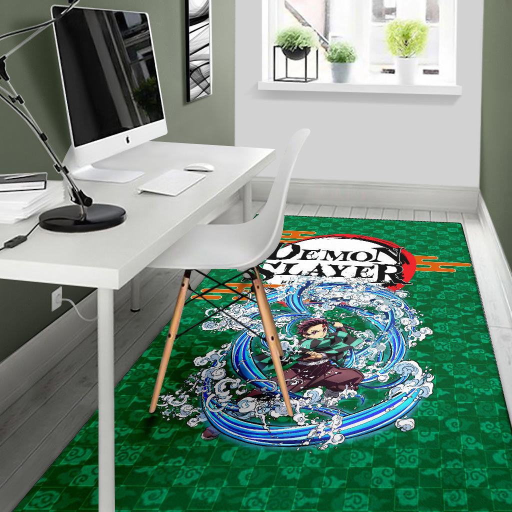 Demon Slayer Anime Tanjiro Water Breath Power Green Background Area Rug Home Decor