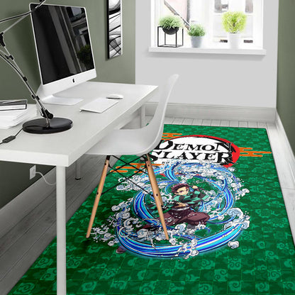 Demon Slayer Anime Tanjiro Water Breath Power Green Background Area Rug Home Decor