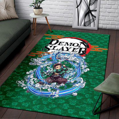 Demon Slayer Anime Tanjiro Water Breath Power Green Background Area Rug Home Decor