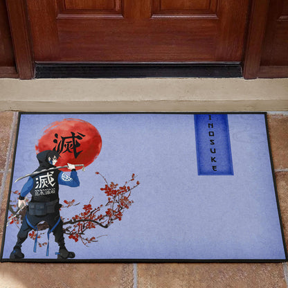 Demon Slayer Inosuke Took Off Mask Wearing Clothes Blue Theme Door Mat Home Decor