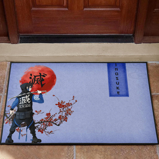 Demon Slayer Inosuke Took Off Mask Wearing Clothes Blue Theme Door Mat Home Decor