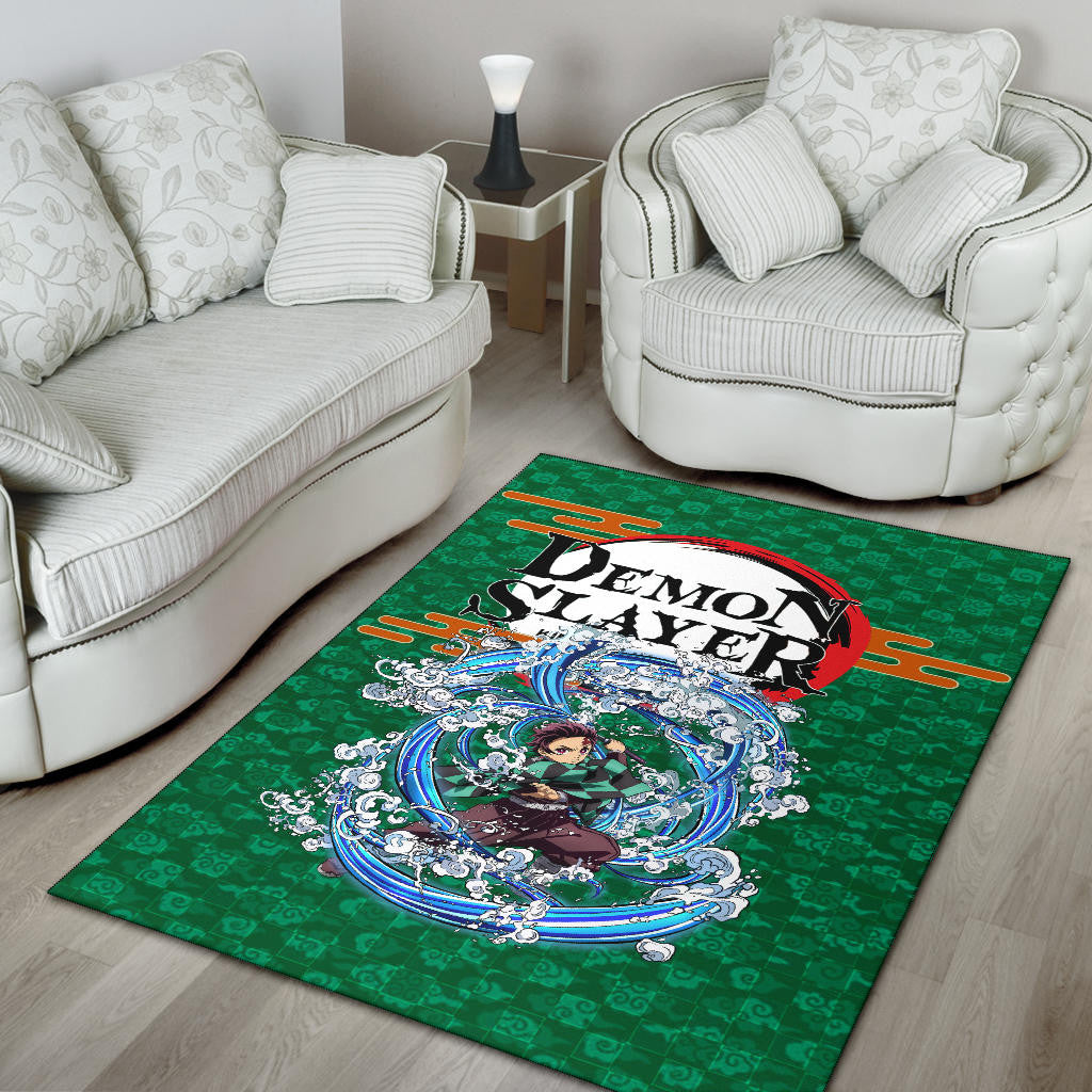 Demon Slayer Anime Tanjiro Water Breath Power Green Background Area Rug Home Decor