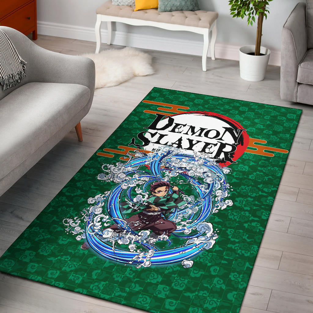 Demon Slayer Anime Tanjiro Water Breath Power Green Background Area Rug Home Decor