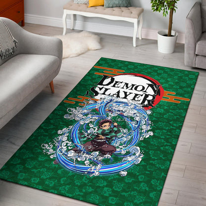 Demon Slayer Anime Tanjiro Water Breath Power Green Background Area Rug Home Decor
