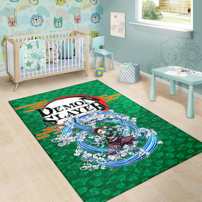 Demon Slayer Anime Tanjiro Water Breath Power Green Background Area Rug Home Decor
