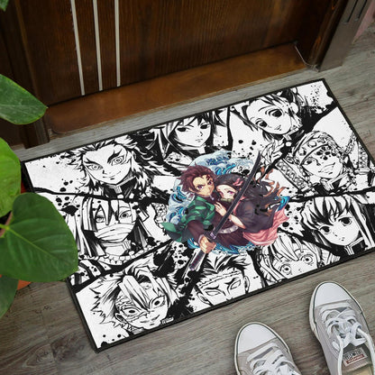 Demon Slayer Anime Tanjiro Protect Nezuko Vs Villains Black White Door Mat Home Decor